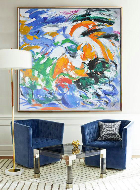 Oversized Contemporary Art,Hand-Painted Canvas Art,Blue,Orange,Yellow,Green
